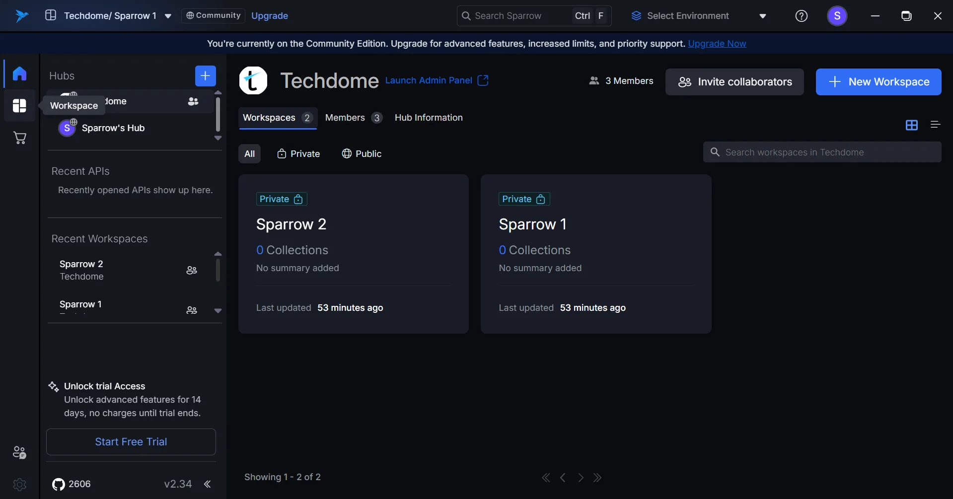 Sparrow's sidebar with recent APIs and recent workspaces above the workspace list