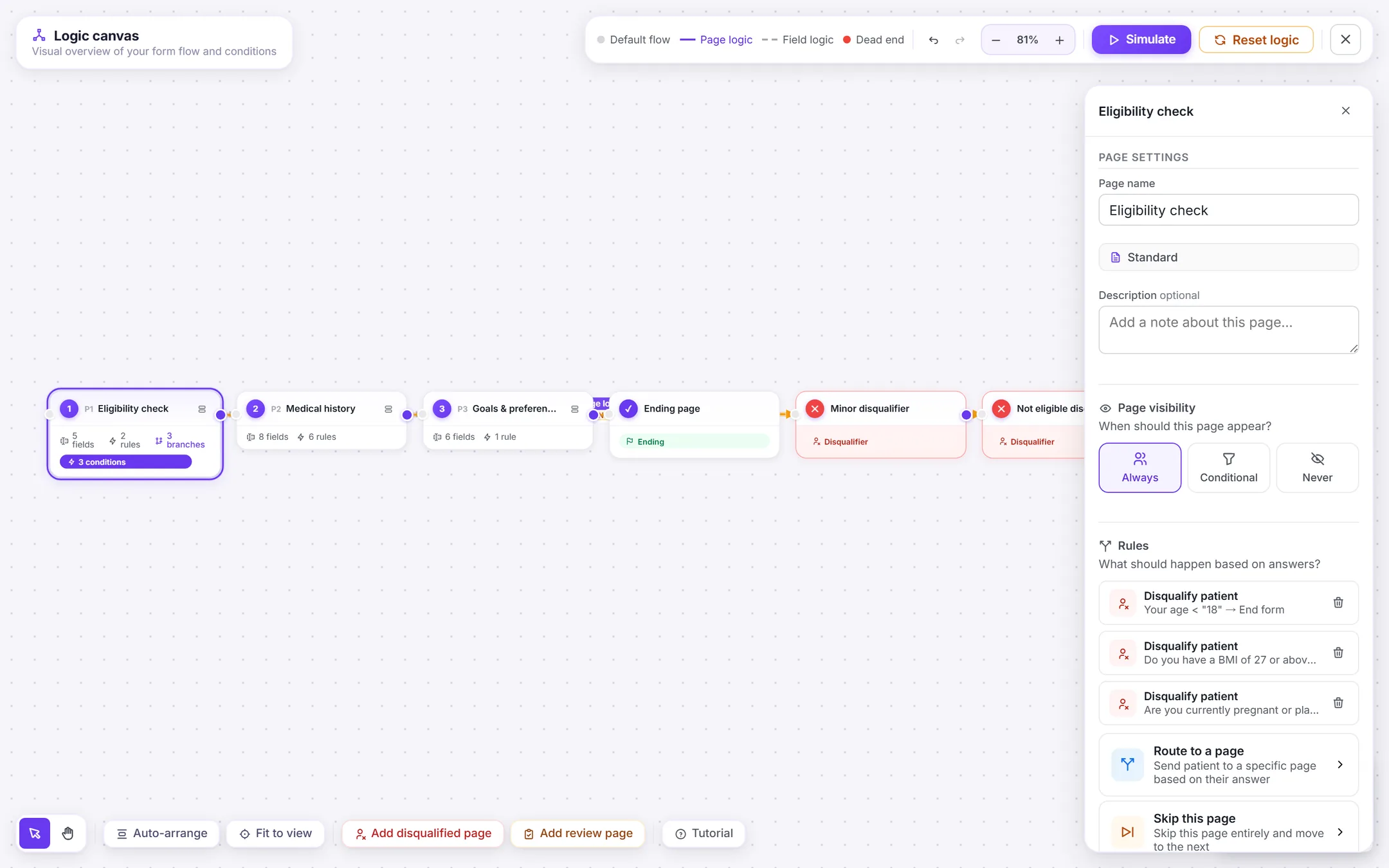 Modal wizard to a visible decision tree screen 2