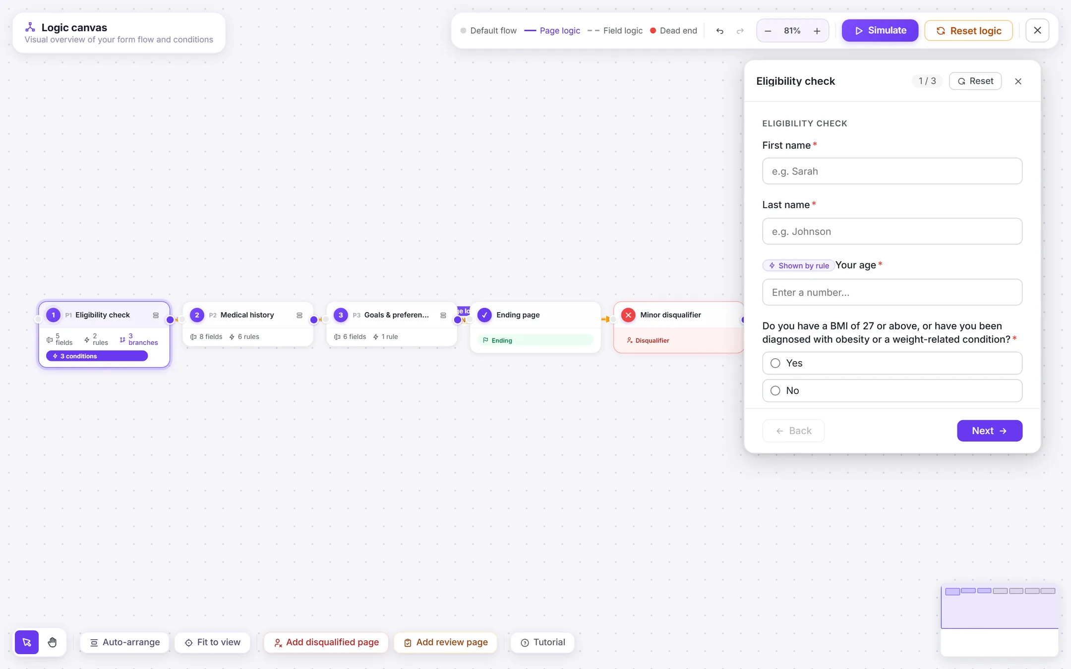 Modal wizard to a visible decision tree screen 1